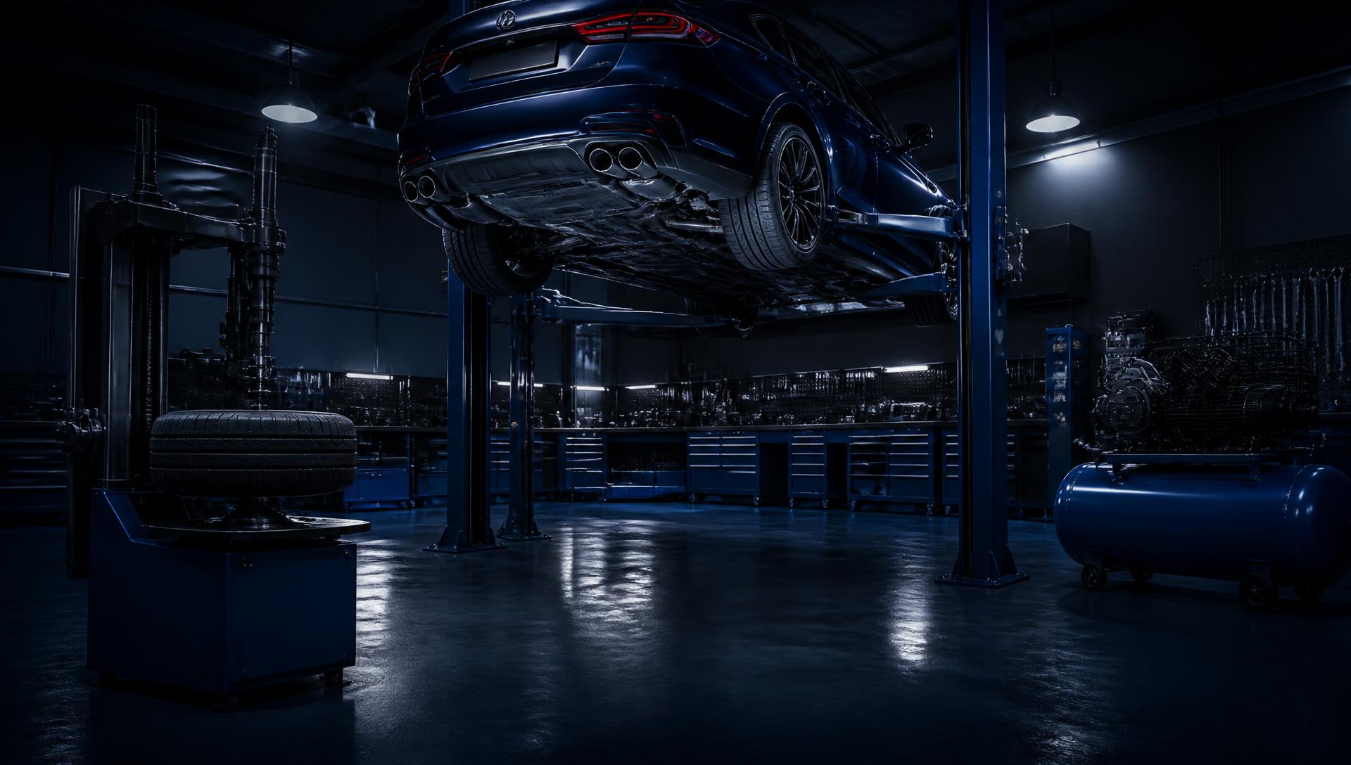 Oficina mecânica profissional com elevador automotivo e equipamentos Polytec